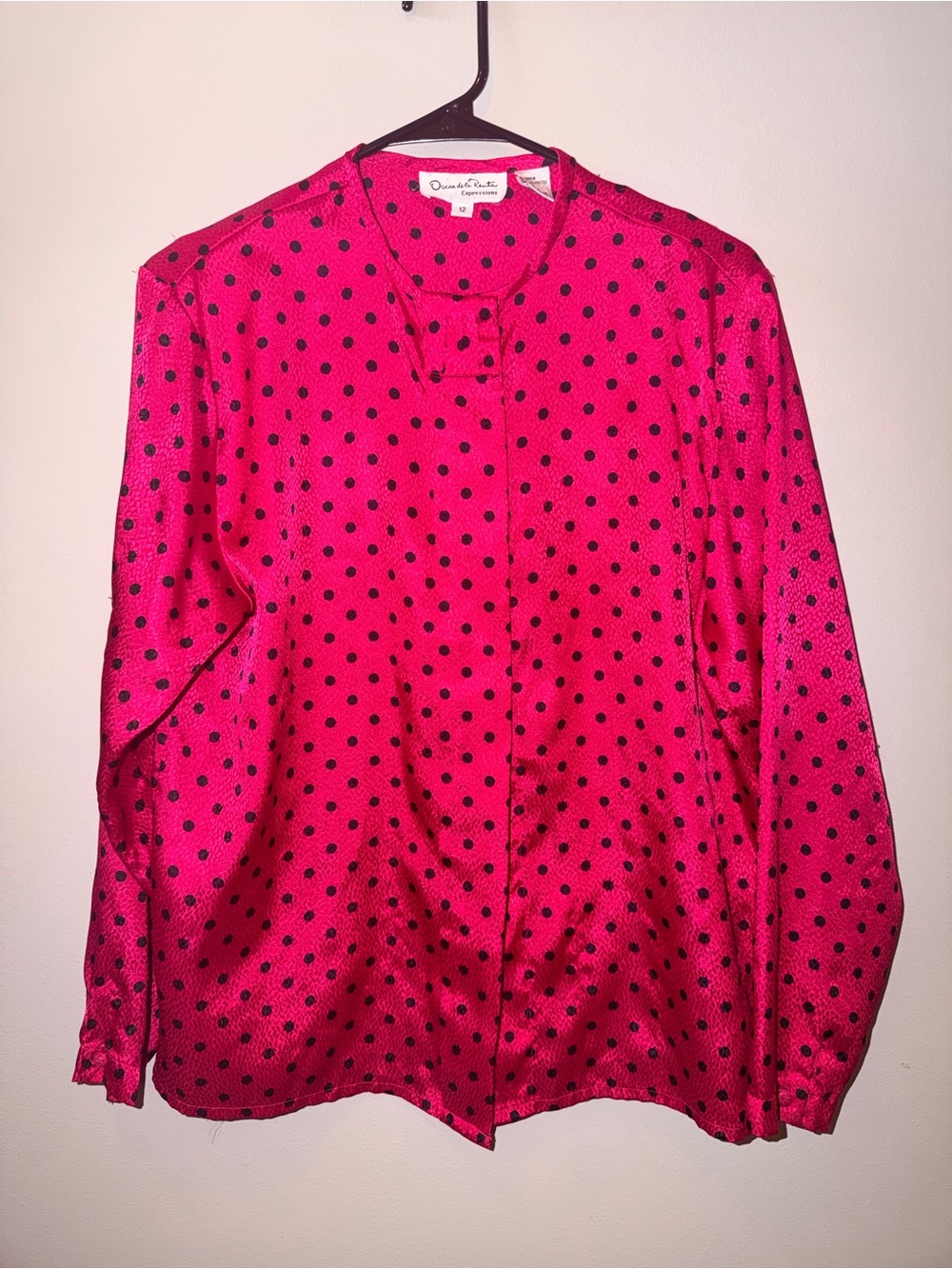 Vintage Oscar de la Renta Expressions Hot Pink Polka Dot Button-Front Blouse
